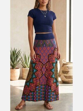 NWT Baba Design Italy Boho Mandala Patchwork Maxi Skirt Jersey Stretch Viscose